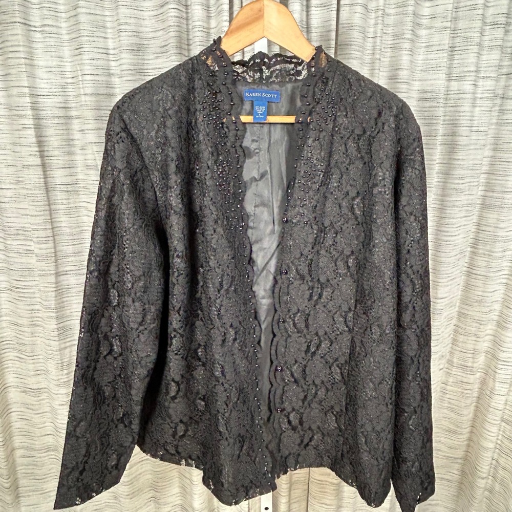 Karen Scott‎ Lace Jacket Black Womens Large Beaded Evening Shrug Excellent
